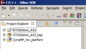 The ARM Cortex-A53 RTOS projects viewed in the Eclipse project explorer.