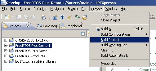 Building project 1 by selecting FreeRTOS-Plus-Demo-1 then selecting Build Project.