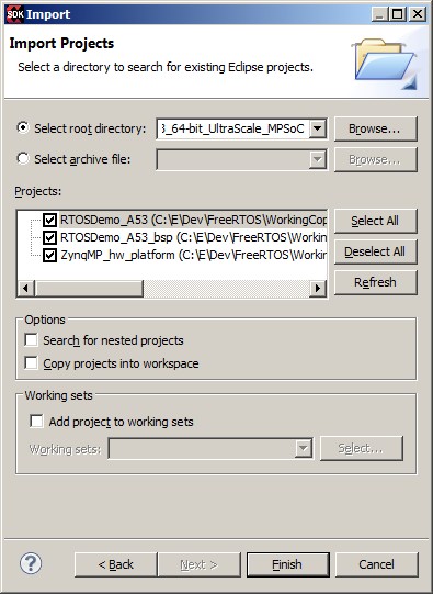 Importing the free ARM Cortex-A53 64-bit RTOS Demo Source project into the Xilinx SDK