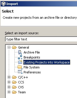 Importing the MSP430X CCS project into the Eclipse workspace