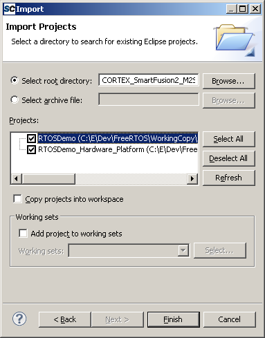 Importing RTOS projects into SoftConsole Eclipse workspace