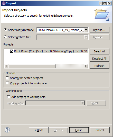 Importing the RTOS demo project into ARM DS-5 Eclipse workspace
