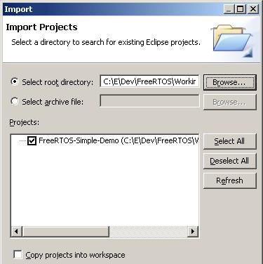Selecting the FreeRTOS STM32 project to import into Eclipse